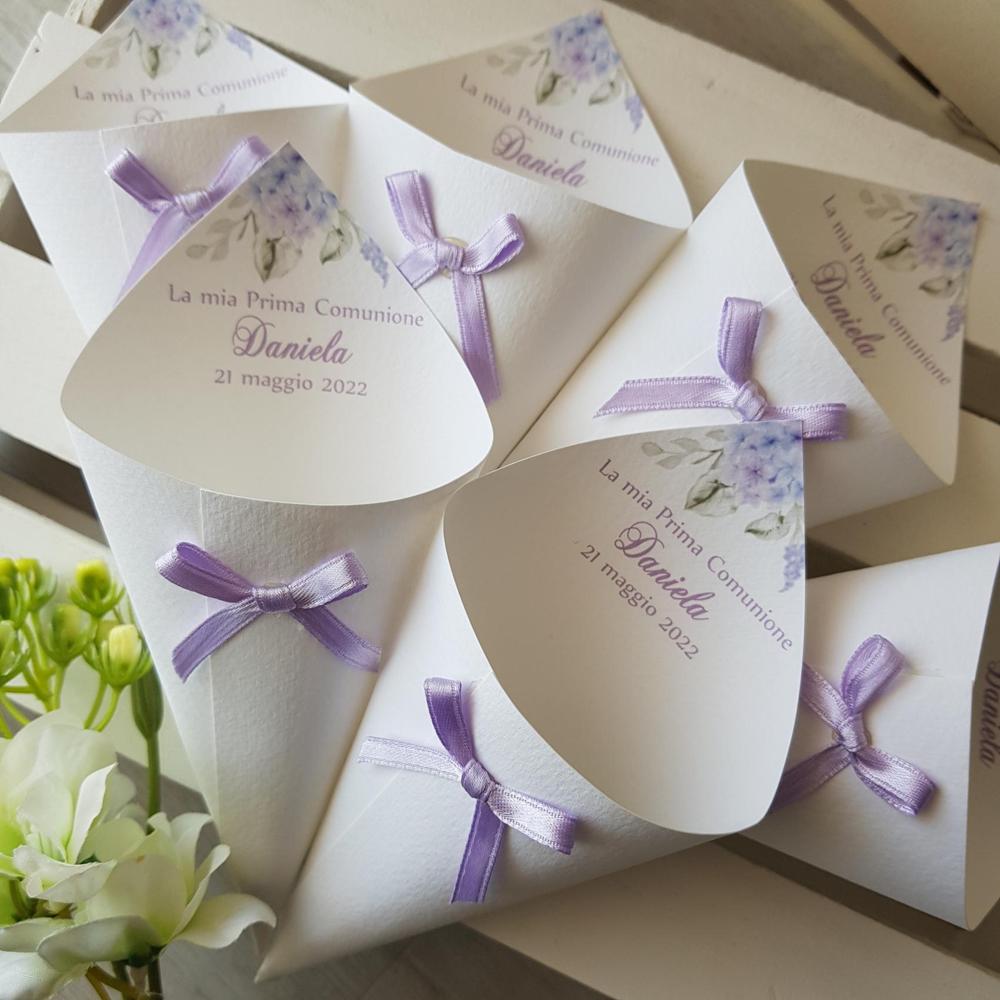 Coni portaconfetti personalizzati ortensie lilla/glicine - EventiDecor