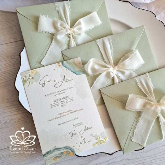 Partecipazione nozze verde salvia e fiocco chiffon - EventiDecor